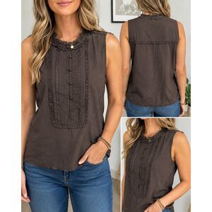 Banana Republic Women’s XL Brown Cotton Pintuck Ruffle Bib Sleeveless Blouse